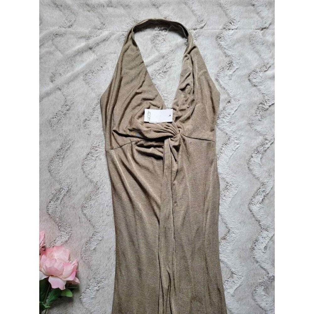 Aeom Metallic Shimmer Bronze Gold Halter Neck Maxi Dress NWT Size L - Picture 2 of 11